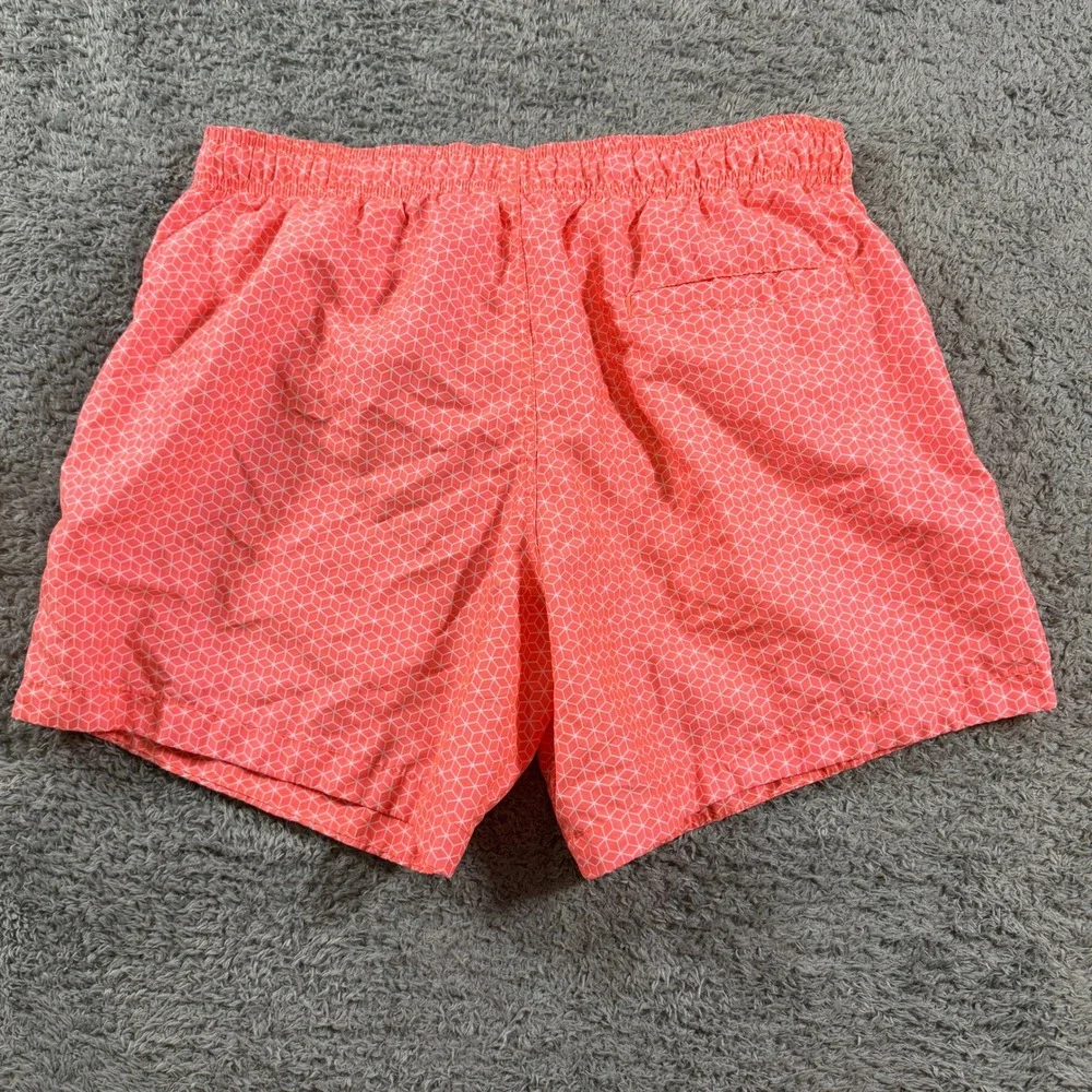 HM Mens Swim Trunks Large Coral Pink Geometric Honeycomb Mesh Lined Drawstring
